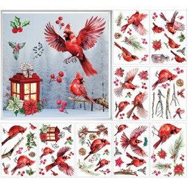 9 Sheets Poinsettia Window Clings,Christmas Window Clings for Glass Windows,Pine Cone Cardinal Stickers and Decals,Red Bird Cardinal Window Clings,Kerosene Lamp Tree Branches Seasons Supplies
