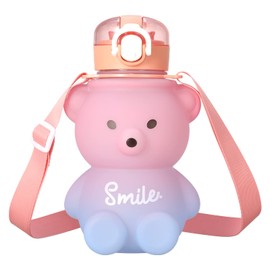 Smilcloud Kawaii Water Bottle With Straw, Bear Drinking Bottle 800ml Leak-Proof Water Cup Bottles with Shoulder Strap for Teens Kids Girls Travel School Office