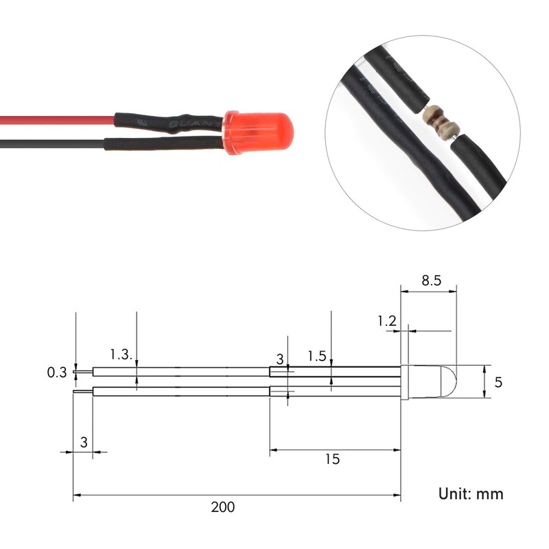 50pcs 12V Pre-wired 5mm LED Light Emitting Diodes, Red