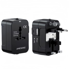 Amening Universal Travel Adapter, Foldable Plug Converter Socket with 1 USB A and 1 Type-C Charging Port, for Germany, USA, UK, Thailand, Italy, Australia