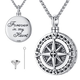Urn Necklace for Women Men - 925 Sterling Silver Pendant Memorial Cremation Jewelry for Ashes - Cross Keepsake Compass Locket Necklace to Put Ashes in Earns for Ashes of Loved Ones