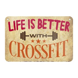 Life is better with Crossfit - Metal Sign with Cord and Suction Cup - Retro Decorative Tin Sign for Gym Fitness Studio Training Room Sports Studio - 18 x 12 cm