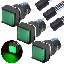 ZJWZJH 3 Pcs 16mm 5/8" Momentary Push Button Switch Square Green Start Butto SPDT with 12VDC LED Light Waterproof Self-Reset 5 Pin with Wire UL Certification
