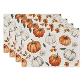 Fall Placemats Set of 4 Autumn Watercolor Maple Leaf Pumpkin Table Mats 12 x 18 Inch Seasonal Farmhouse Kitchen Dining Table Decor