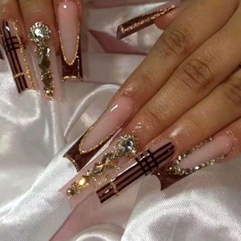 MISUD Press on Nails Extra Long Square Fake Nails Glossy Glue on Nails Brown Plaid Acrylic Nail Supplies Squoval Artificial Nail Art Rhinestone False Nails with Bling Glitter Design DIY 24 pcs
