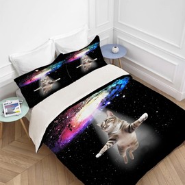 jamie world Funny Cat Bedding Set Twin Full Queen King Size Galaxy Animal Duvet Comforter Cover Cozy Quilt Cover Decorative Soft Bed Sets with 2 Pillowcases for Kids Adults