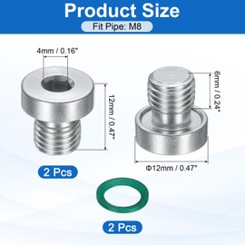 sourcing map 2Pcs M8x1 Inner Hex Head Pipe Fitting Plug, Universal Carbon Steel Thread Socket Plug with Green O-Ring for Terminate Pipe Ends or Replacement Drains