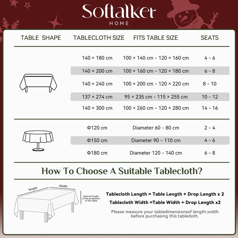 Softalker Christmas Table Cloth Rectangular White Xmas Tablecloth 140x200cm
