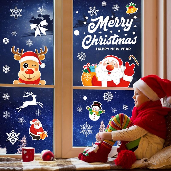 Telgoner 171 Pieces Christmas Window Stickers Christmas Decorations Snowflakes Christmas Stickers for Windows Glass, Removable PVC Christmas Decorations Home Interior (White, Colourful)