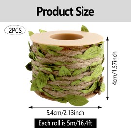 pson 2 Rolls 16.4FT Natural Jute Twine with Green Leaf, Braided Decoration Vine for Wedding, Party, Garden Decoration, Wrap, and Other Crafts Accessory