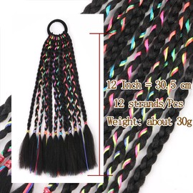 2 Pieces Kids Braided Ponytail Hair Extensions,12 Inches Black Box Braids with Colorful Strings,Hair Accessory Braided Hairstyles for Blackgirl (Black with colorful Strings, 12 Inches)