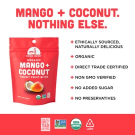 Mavuno Harvest Organic Fruit Snacks - Chewy Fruit Bites - Healthy Food for Kids & Adults - Ethically Sourced, Non-GMO, No Preservatives - Mango & Coconut - 1.94-oz. Snack Packs, Pack of 3