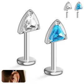 2 Pairs Cat Stud Earrings for Women, Hypoallergenic G23 Titanium 16G Helix Cartilage Earrings - Flat Back CZ Jewelry Gift for Sensitive Ears - 2 Colors White Blue