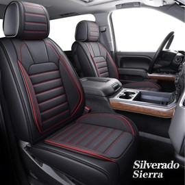 YIERTAI Chevy Silverado Seat Covers Compatible with GMC Sierra fit 2007-2025 2026 1500/2500/3500HD Trail Boss Z71 Crew Double Extended Cab LTZ‌ LT RST Waterproof Leather(2 PCS Front only/Black-Red)