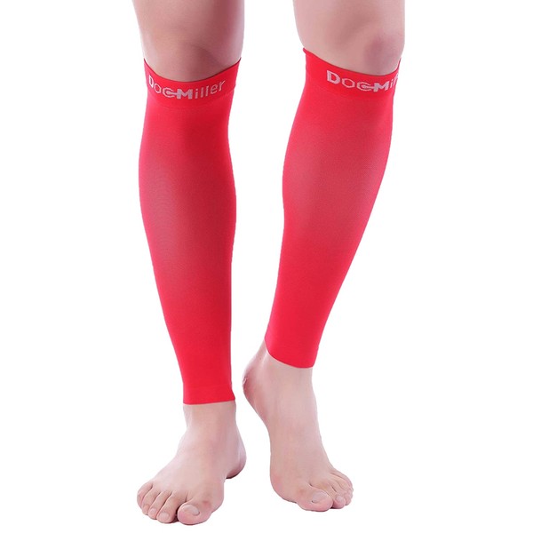 Doc Miller Calf Compression Sleeve - 1 Pair 20-30 mmHg Strong Calf Support Socks Graduated Pressure for Maternity Recovery Shin Splints Varicose Veins for Men & Women (Red, Large)