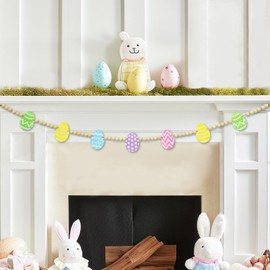 4.2 FT Easter Day Wooden Beads Garland with Colorful Egg-Shaped Charms, Spring-Themed Beaded Tiered Tray Decor, Rustic Farmhouse Banner for Easter Celebration, Shelf Display, Fireplace, Wall Decor