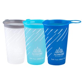 AONIJIE 2 botellas de agua plegables deportivas sin BPA + 2 tapas de popotes de repuesto, termo plegable de poliuretano termoplástico para senderismo, ciclismo, correr, escalada (3 tazas de agua de 200 ml)
