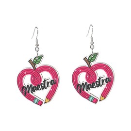 Teacher Earrings for Women Funny Wooden Cute Book Pencil Backpack Apple Love Heart Maestra Appreciation Dangle Earrings Students Back to School Teacher's Day Gift (Maestra Heart)