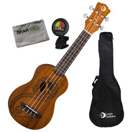 Luna Maluhia Peace Natural Satin Soprano Ukulele Bundle w/Bag, Tuner, and Cloth