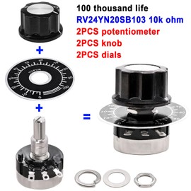 Taiss 2pcs RV24YN20S 10K Potentiometer Single Turn Carbon Film Rotary Taper Potentiometer Used for Inverter speed regulation Motor speed control + 2pcs A03 knob + 2pcs dials (B103 10K ohm)