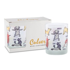 Culver Everyday Decorated Frosted Double Old Fashioned Tumbler Glasses, 13.5-Ounce, Gift Boxed Set of 2 (Doggy Yoga Dogs)