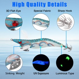 OROOTL Squid Jig Saltwater Fishing Lures, 5pcs Saltwater Glow Squid Jig Hooks Hard Bait Luminous UV Shrimp Prawn Lures Fluorescent Cuttlefish Sleeve Squid Jigs Kit for Cuttlefish Octopus Fishing