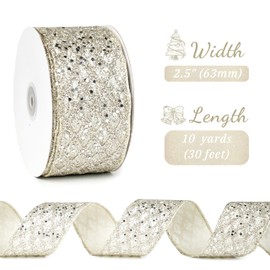 LIZLOVESS Light Champagne Christmas Ribbon 2.5" Glitter Mesh Wired Ribbon for Christmas Tree Platinum Gold Diamond Honeycomb Ribbon for Gift Wrapping, Crafts, Wreath, Garland, Topper Bows - 10 Yards