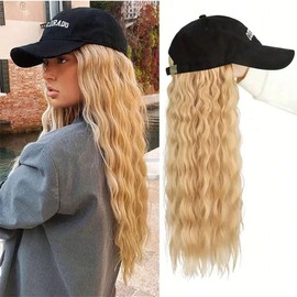 Hat Wigs for Women Baseball Cap Wig with Hair Extensions Long Corn Wave Hair Adjustable Cap with Attached Synthetic Hairpiece (24 inch)