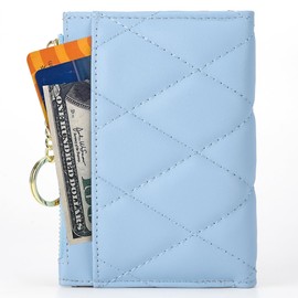 VODIU Women's Short Purse Leather Medium Wallet Leaf Bifold Card Coin Holder Small Purses Buckle Zipper Clutch, BLUE-Linggo, Thin Lingge Quilted Women Wallet With Chain Buckle Coin Pocket Purse