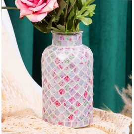 Classic Mosaic Flower Vase for Home Decor, 8”(H) Glass Handmade Table Centerpiece Container for Office, Living Room Kitchen, Wedding. (Pink Lady)