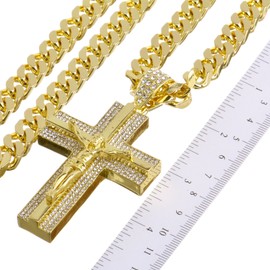 metaltree98 NEW Men's 14K Gold & Silver Plated Iced Cross Jesus Pendant 30" Heavy Cuban Chain Necklace HC 6010 (Gold)