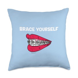 Novelty Stuff By Del Red Lips Dental Orthodontic Brace Yourself Funny Dentist Throw Pillow, 18x18, Multicolor