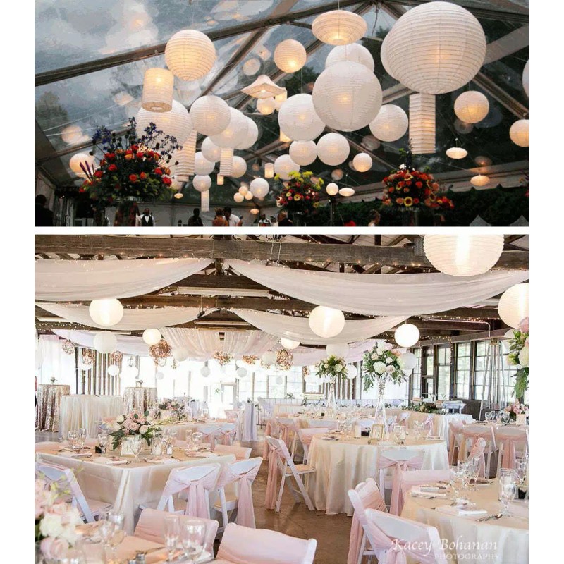 Quasimoon 12" White Round Paper Lantern, Even Ribbing, Hanging Decoration
