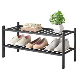 Shoe Rack, 2-Tier Bamboo Stackable Shoe Shelf Storage Organizer, Shoe Stand for Closet, Entryway and Hallway