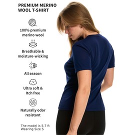 Merino.tech Merino Wool Base Layer Women Short Sleeve Tee (Small, Deep Navy)