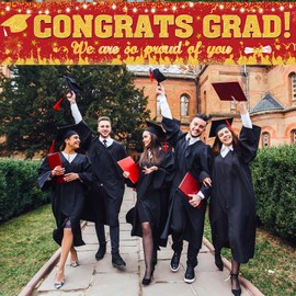 Graduation Party Decoration Banner,Red and Gold Congrats Grad We Are So Proud of You Banner Yard Sign for Class of 2026 Party Decor High Middle School College Backdrop Party Favors Supplies Outdoor
