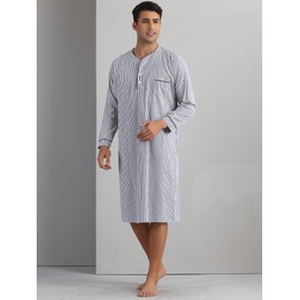 Lars Amadeus Striped Nightshirts for Men's V-Neck Button Front Long Sleeve Stripes Sleep Shirts Small Black