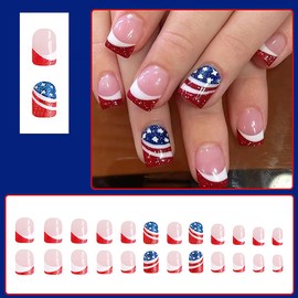 24Pcs Red French Tip Press on Nails Short Square 4th of July Fake Nails with American Flag Design Independence Day Artificial Nails Full Cover Glue on Nails Cute False Nails Stick on Nails for Women