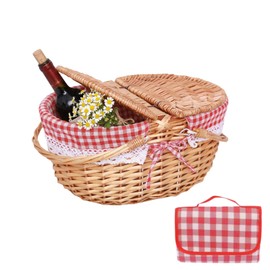 GOVNPJ Wicker Picnic Baskets, Country Vintage Picnic Basket with Picnic Cloth Split Lid Picnic Basket, with Folding Handle Picnic Hamper for Picnic Hiking Camping（13.78" D x 9.84" W x 6.69" H）