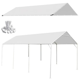 BOUTICOL 10 x 20 Ft Heavy Duty Carport Replacement Canopy Cover Waterproof & UV Protected Garage Top Tent Shelter Tarp Cover with 44 Ball Bungees Cords, White