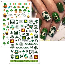 10 Sheets St. Patrick's Day Nail Stickers Self-Adhesive Lucky Shamrock Nail Art Stickers Green Four Leaf Clover Nail Decals Spring Summer Design Nail Supplies for DIY Saint Patrick's Day Nail Decor