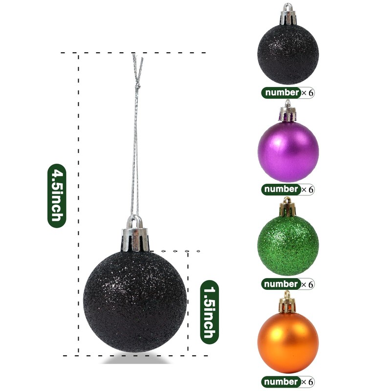 24 PCS 1.5 Inch Halloween Glitter Hanging Balls Colored Shatterproof