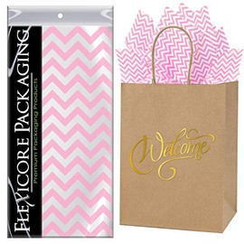 Flexicore Packaging Natural Brown Kraft Paper Welcome Bags & Light Pink Gift Wrap Tissue Paper | Size: 8 Inch X 4.75 Inch X 10.5 Inch | Count: 50 Bags | Color: Light Pink Chevron