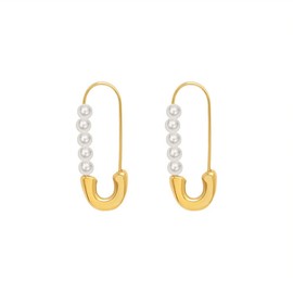 Retro Pearl Safety Pin Cartilage Hoop Earrings for Women Girls Stainless Steel Imitation Pearls Cute Hoops Dangle Drop Fashion Hypoallergenic Jewelry Gifts 25mm (Gold)