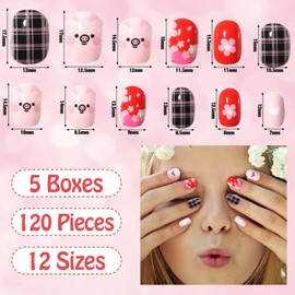120 PCS Girls False Nails, Scettar Full Cover Girl False Nails Short Kids Fake Nails Cute Cartoon False Nails for Girls, Colorful Children's Nails 5 Boxes (B)