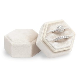 Hexagon Velvet Double Slots Ring Heirlooms Box Engagement Ring Box Proposal Box Ring Display Holder (Beige)