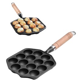 Takoyaki Grill Pan 14 Holes Nonstick Cast Iron Octopus Meat Balls Molds Maker with Detachable Handle, Pancake Balls Desserts Skillet for Induction Cooker, Gas Stove