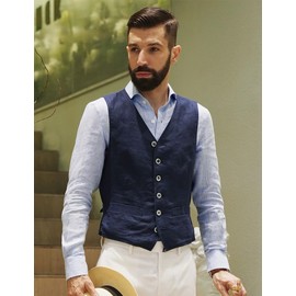 AeoTeokey Men's Linen Vest Summer Suit Vest Vintage Retro Business Party Vest Regular Fit, White