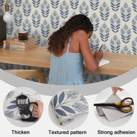 Naphite Blue Tulip Floral Peel and Stick Wallpaper Vintage Leaf Boho Contact Paper for Cabinets Drawers Self Adhesive Removable Wallpaper for Bathroom Bedroom Farmhouse Neutral Wallpops 17.3’’×78.7’’