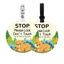 ORIGACH 2 Pack Stop Please Look Don't Touch Baby Signs, Forest Bear No Touching Baby Car Seat Sign or Stroller Tag with Hanging Strap and Clip, No Touching Baby Carrier Tag for Preemie Newborn